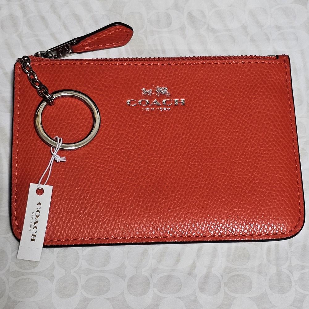 COACH F64064 KEY POUCH WITH GUSSET IN CROSSGRAIN LEATHER Bright Orange New 🧡🧡